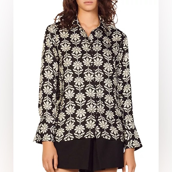 Sandro Paris Harriet Silk Top Button Up Closure Blouse Size 3 EU Long Sleeves